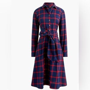J. Crew Red Blue Plaid Check Flannel Button Up Dress Bow Tie Waist 100%Cotton